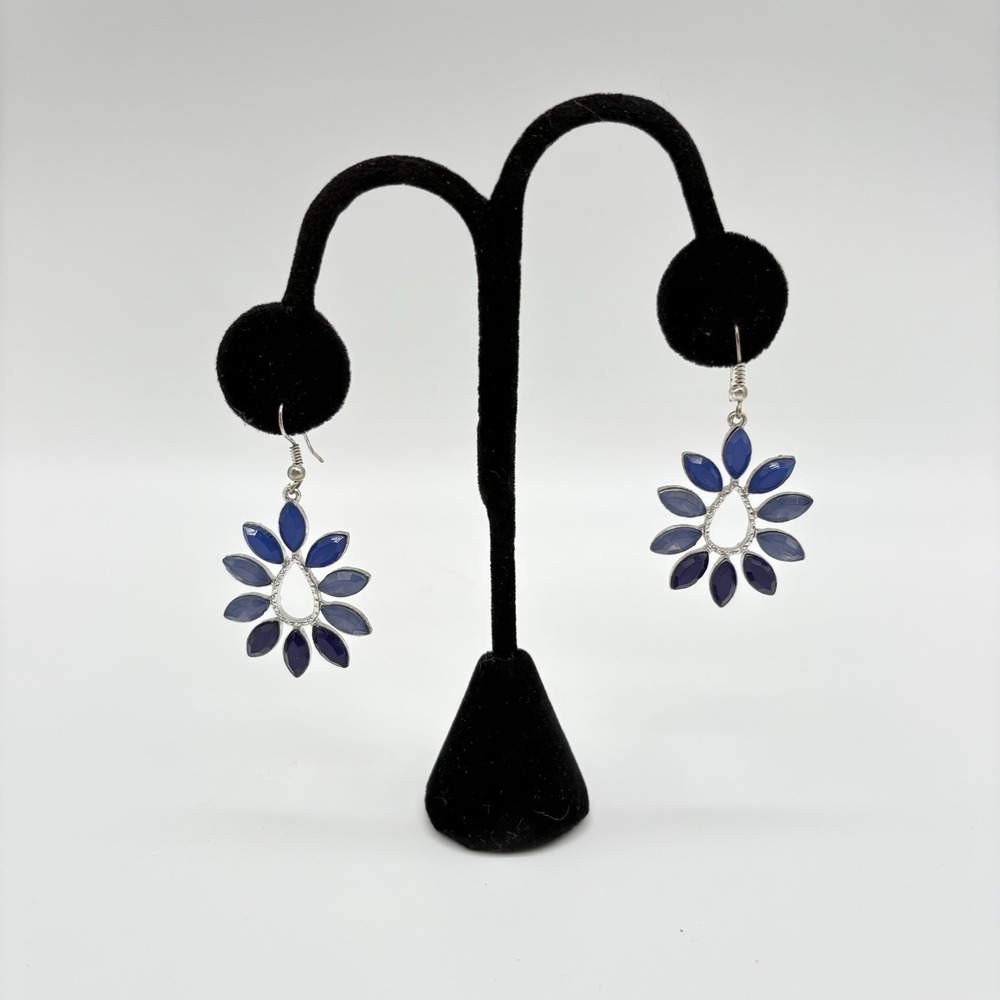 Boho Dangle Earrings Blue Marquise Stones Silver Tone Teardrop Flower Design